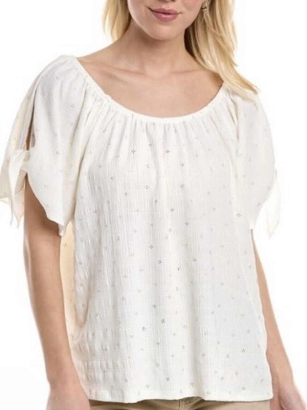 Vince Camuto Cream & Gold Cold-Shoulder Tie Sleeve Peasant Top Size Large